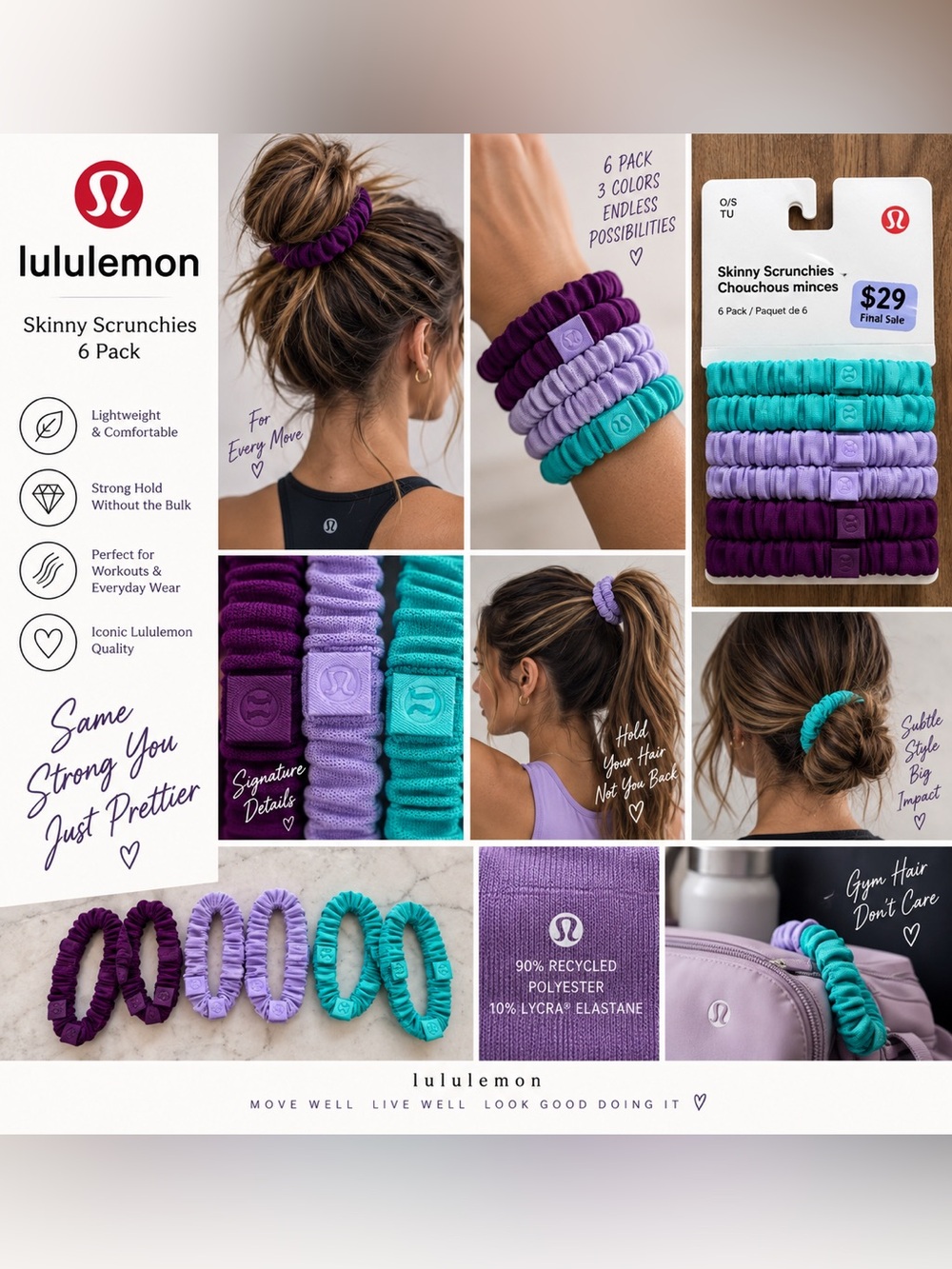 NWT Lululemon Skinny Scrunchies 6 Pack Purple Lavender Teal